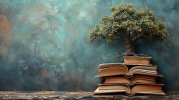 ai gegenereerd een boom van wijsheid met takken van boeken en bladeren van wijsheid, belichamen levenslang aan het leren foto