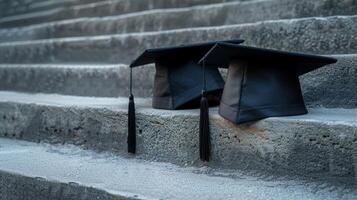 ai gegenereerd diploma uitreiking petten en oplopend stappen staan voor de achtervolging van hoger onderwijs foto