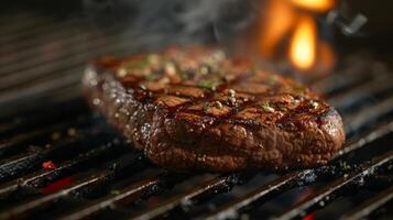 ai gegenereerd een sissend steak Aan een heet grill, verkoold randen en hartig sappen verleidelijk de smaak bloemknoppen foto