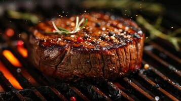 ai gegenereerd een sissend steak Aan een heet grill, verkoold randen en hartig sappen verleidelijk de smaak bloemknoppen foto