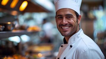 ai gegenereerd een chef-kok vreugde in Koken schijnt door hun glimlach, veelbelovend een verrukkelijk culinaire ervaring foto