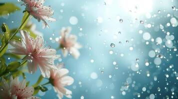 ai gegenereerd pastel regendruppels en bloemen voorzichtig vallend tegen een hemelsblauw backdrop foto
