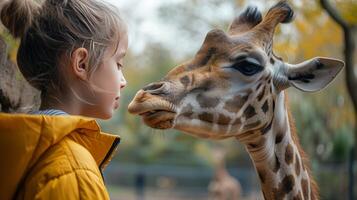 ai gegenereerd meisje Bij de dierentuin voeden een giraffe. foto