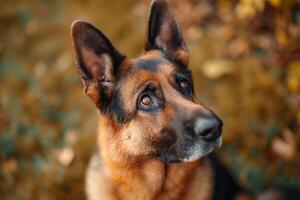 ai gegenereerd loyaal Duitse herder zittend gehoorzaam, aan het wachten voor een traktatie met intelligent ogen. foto