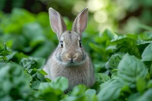 ai gegenereerd tevreden konijn knabbelen Aan een bed van vers groenen, met een spiertrekkingen roze neus. foto
