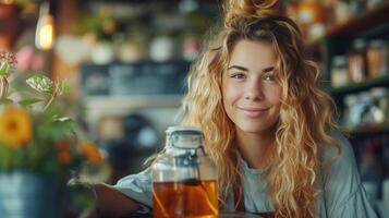 ai gegenereerd een jong vrouw met blond gekruld haar- brouwt thee in een glas kan, groot copyspace Oppervlakte, buiten het centrum samenstelling. foto