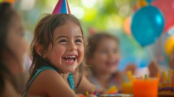 ai gegenereerd een blij tafereel van kinderen spelen spellen en lachend samen Bij een verjaardag viering. foto