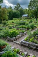 ai gegenereerd een goed georganiseerd poter tuin, mengen sier- en eetbaar planten in perfect harmonie. foto