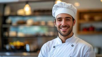 ai gegenereerd een jong knap chef looks glimlachen Bij de camera foto