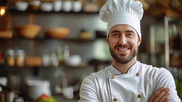 ai gegenereerd een jong knap chef looks glimlachen Bij de camera foto