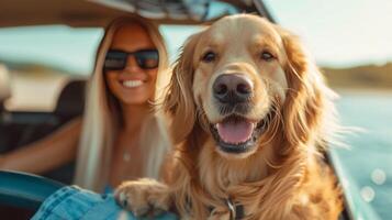 ai gegenereerd een jong mooi familie is zittend in een auto met hun pluizig gouden retriever hond foto