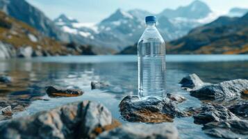 ai gegenereerd beschrijven een fles van zuiver water met een bergachtig backdrop foto