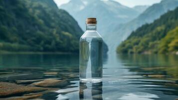 ai gegenereerd beschrijven een fles van zuiver water met een bergachtig backdrop foto