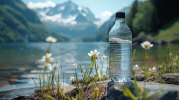 ai gegenereerd beschrijven een fles van zuiver water met een bergachtig backdrop foto