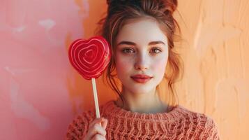 ai gegenereerd een mooi meisje staat op zoek Bij de camera en houdt een groot lolly in de vorm van een rood hart in haar hand- foto