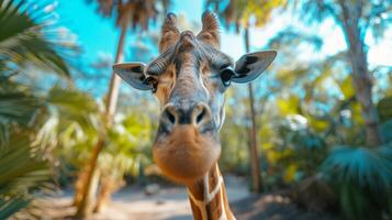 ai gegenereerd een mooi giraffe looks Bij de camera foto