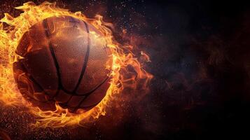ai gegenereerd een basketbal bal Aan brand Aan een zwart achtergrond Aan de Rechtsaf foto