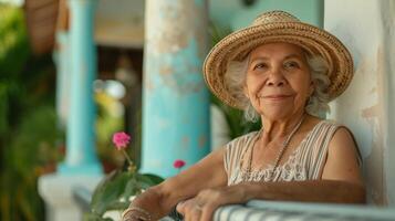 ai gegenereerd een ouderen vrouw in een rieten Panama hoed en een gestreept zonnejurk staat Aan de veranda van een klassiek wit huis foto