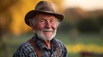 ai gegenereerd een oud knap boer glimlacht en looks Bij de camera foto