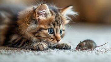 ai gegenereerd schattig pluizig kat spelen met weinig muis foto