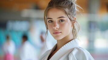 ai gegenereerd mooi jong vrouw judoka poseren Bij de kampioenschap en op zoek Bij de camera foto