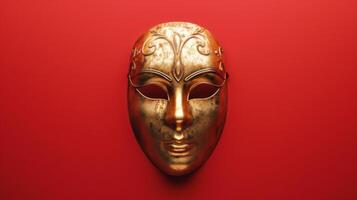 ai gegenereerd top visie van gouden carnaval masker Aan rood achtergrond foto