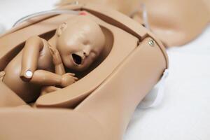 dummy baby's embryo moeder baarmoeder, praktisch studie en voorlopig behandeling. medetsinskaja pop pasgeboren long ziekte. foto