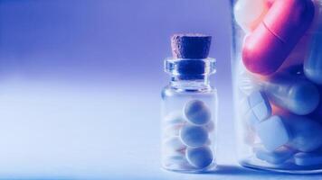 farmaceutisch achtergrond. pillen of capsules Aan een blauw achtergrond met kopiëren ruimte foto