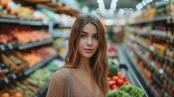 ai gegenereerd een jong mooi vrouw wandelingen door een kruidenier op te slaan met een kar vol van boodschappen. foto