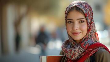 ai gegenereerd gelukkig Arabisch vrouw leerling met smartphone, werkmappen en een glimlach staand buiten in de stad na college klassen. foto