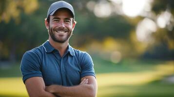 ai gegenereerd knap mannetje atleet golfspeler poseren en op zoek glimlachen Bij de camera foto