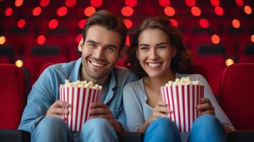 ai gegenereerd gelukkig paar in liefde zittend in de bioscoop met een gestreept emmer van popcorn foto