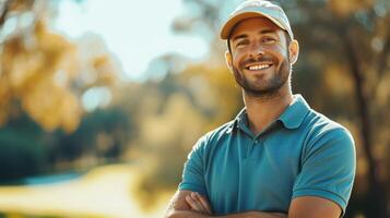 ai gegenereerd knap mannetje atleet golfspeler poseren en op zoek glimlachen Bij de camera foto