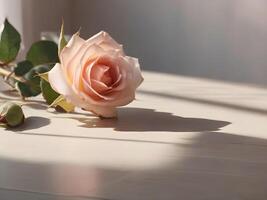 ai gegenereerd een roze roos Aan een tafel, ochtend- zonlicht foto