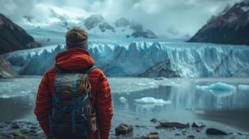ai gegenereerd perito meerno gletsjer, Argentinië, met een Mens poseren Aan haar ijs vorming foto