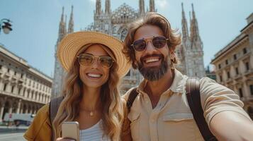 ai gegenereerd de duomo kathedraal in Milaan, Lombardia - twee toeristen genieten van een romantisch zomer vakantie in Italië - vakantie en op reis levensstijl concept. foto