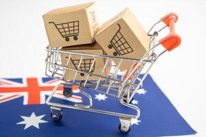 doos met boodschappen doen online kar logo en Australië vlag, importeren exporteren boodschappen doen online of handel financiën levering onderhoud op te slaan Product Verzenden, handel, leverancier. foto