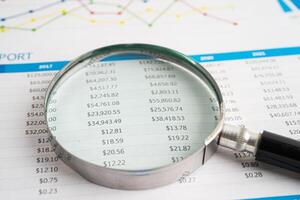 vergroten glas Aan spreadsheet en diagram papier. financieel ontwikkeling, bank account, statistiek, investering analytisch Onderzoek gegevens economie, bedrijf. foto