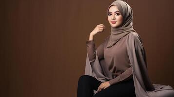 ai gegenereerd mooi hijab vervelend vrouw in een feestelijk Ramadan themed fotoshoot, presentatie van elegant Islamitisch kleding en vreugdevol poses in een warm en uitnodigend studio opstelling foto