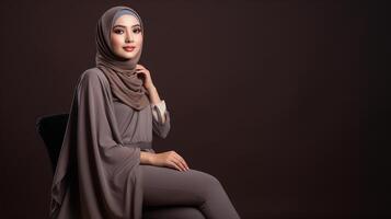 ai gegenereerd mooi hijab vervelend vrouw in een feestelijk Ramadan themed fotoshoot, presentatie van elegant Islamitisch kleding en vreugdevol poses in een warm en uitnodigend studio opstelling foto