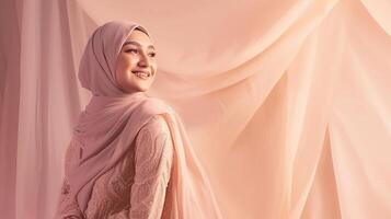 ai gegenereerd mooi hijab vervelend vrouw in een feestelijk Ramadan themed fotoshoot, presentatie van elegant Islamitisch kleding en vreugdevol poses in een warm en uitnodigend studio opstelling foto