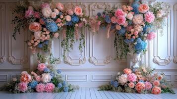 ai gegenereerd bruiloft achtergrond versierd met prachtig bloemen, generatief ai vrij foto