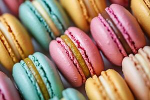 ai gegenereerd gekleurde macarons in rijen, detailopname. banketbakkerij producten foto