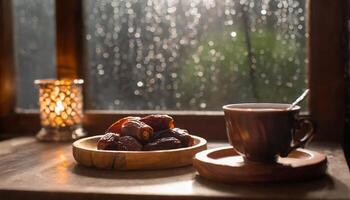 ai gegenereerd een sereen instelling van datums in een houten kom met kop van thee en lantaarn in voorkant van venster in regenachtig dag, vastleggen de essence van Ramadan. ideaal voor iftar uitnodigingen of Ramadan groeten foto