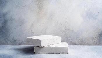 ai gegenereerd esthetisch samenstelling van twee wit getextureerde Scherm beton blokken tegen een subtiel grijs beton achtergrond. perfect voor Product Scherm of minimalistische kunst presentaties foto
