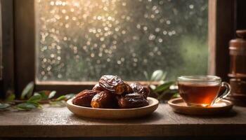 ai gegenereerd een sereen instelling van datums in een houten kom met kop van thee in voorkant van venster in regenachtig dag, vastleggen de essence van Ramadan. ideaal voor iftar uitnodigingen of Ramadan groeten foto