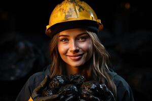 ai gegenereerd portret van een meisje Holding zwart steenkool in haar handen. foto
