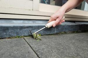 hand- Wieden bestrating met tuin gereedschap foto