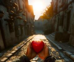 ai gegenereerd in de gouden uur licht, een paar- van handen teder houdt een rood hart vorm geven aan, tegen de backdrop van een vreemd geplaveide straat in een oude wereld stad- foto