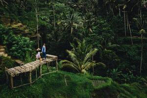 paar staand Aan houten brug in de buurt rijst- terrassen in Bali Indonesië. Holding handen. romantisch humeur. tropisch vakantie. antenne schot. Aan achtergrond kokosnoot palm bomen. foto